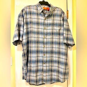 Jeep Brand Shirt Mens Short Sleeve Button Blue Plaid Linen Cotton Blend size XL